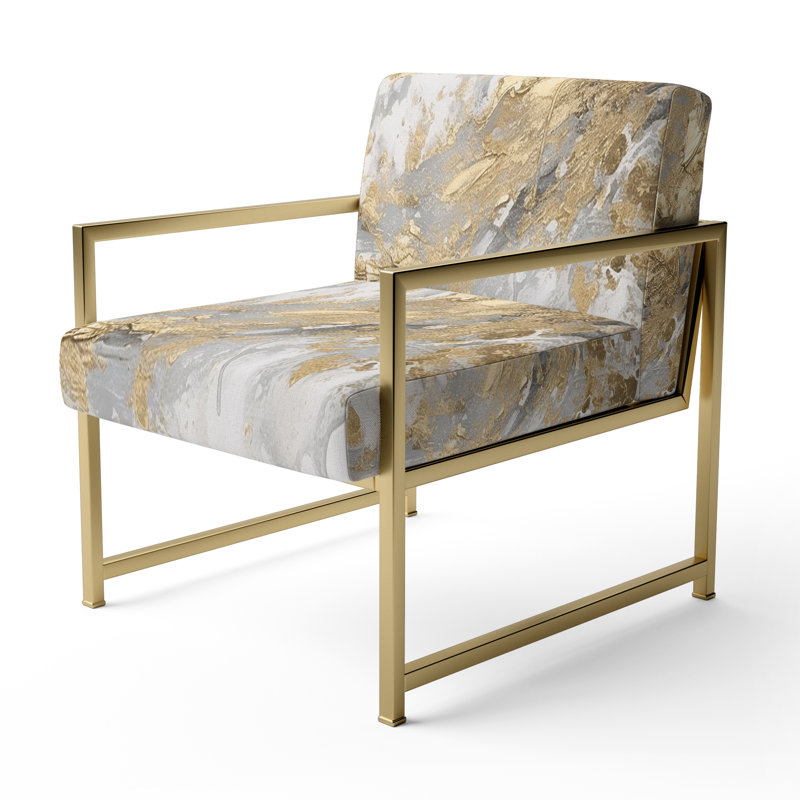 Gold and White Colliding Abstract - Upholstered Abstract Accent Side Chair, Gold