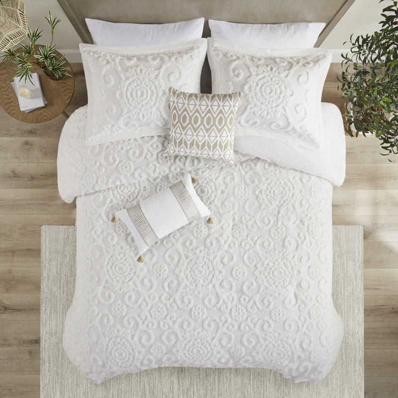 Édredon très grand - 100% coton, 3 décorations en chenille, surdimensionné et élégant, comprend 2 taies décoratives, taille en coton avec broderie, rembourrage, chaud,