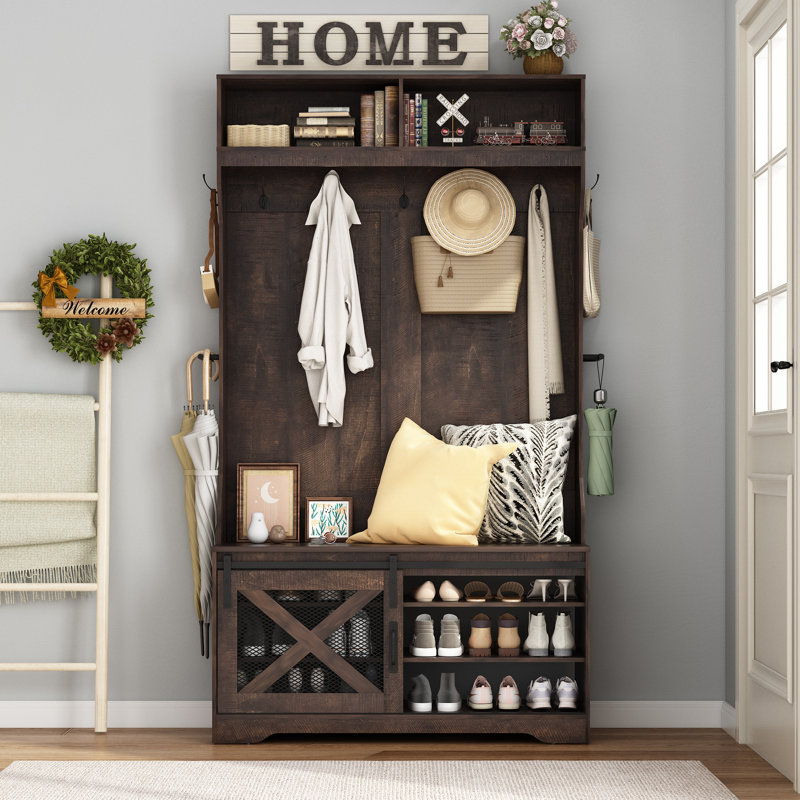 Portemanteau 75 pouces à DEL avec banc, armoire à chaussures réglable, 7 crochets à manteaux, porte-parapluies et bande lumineuse à DEL, porte-manteau sur pied en bois aggloméré robuste pour vestibule vestibule