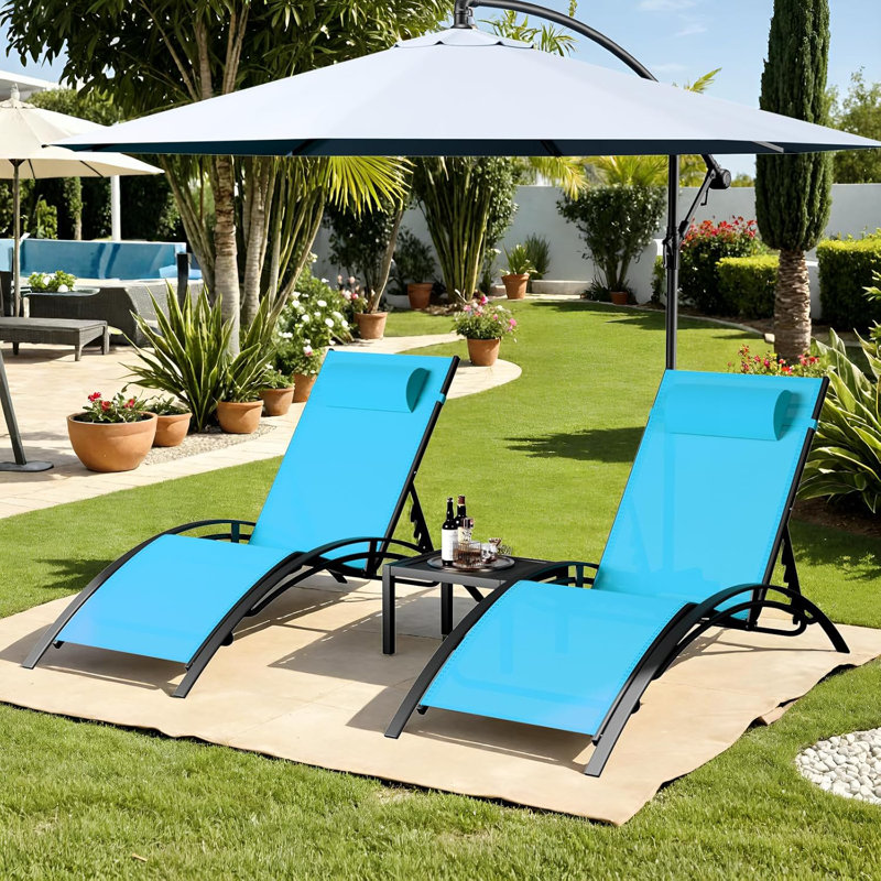 60'' Long Reclining Chaise Lounge Set with Cushions and Table, Blue