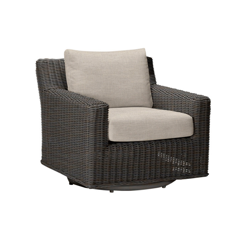Rustic Swivel Patio Chair with Cushions, Dove Sunbrella® Linen, Black Walnut, Welt
