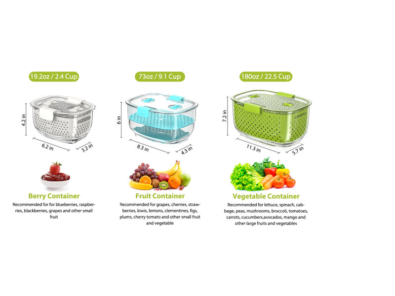 Prep & Savour Fresh Produce Vegetable Fruit Storage Containers, Bpa-free Fridge Storage Container, Green