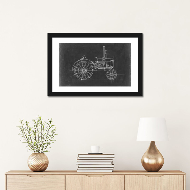 «Tractor Blueprint II» par Ethan Harper - reproduction d'art, H 16 po x l 24 po x P 1 po, Papier encadré noir, Blanc