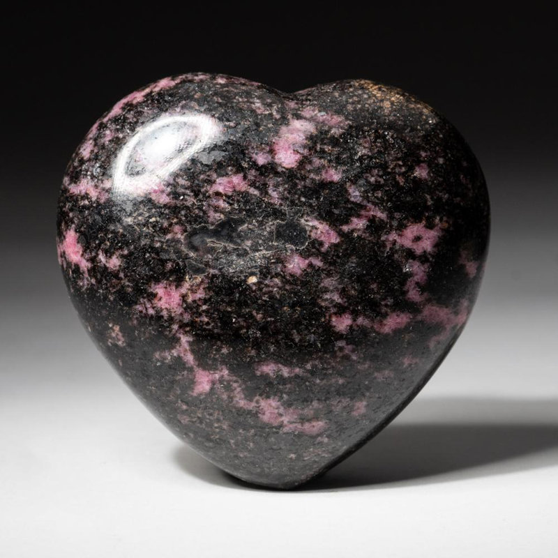 Polished Imperial Rhodonite Heart From Madagascar (400 Grams), 3" H x 1.25" W x 3.5" D, Black/Pink