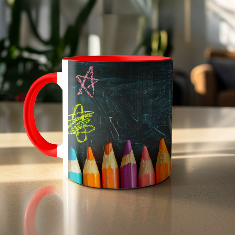 Kids Drawing Style 11oz Accent Mugs – Ceramic Coffee Cup with a Red Handle and Interior
