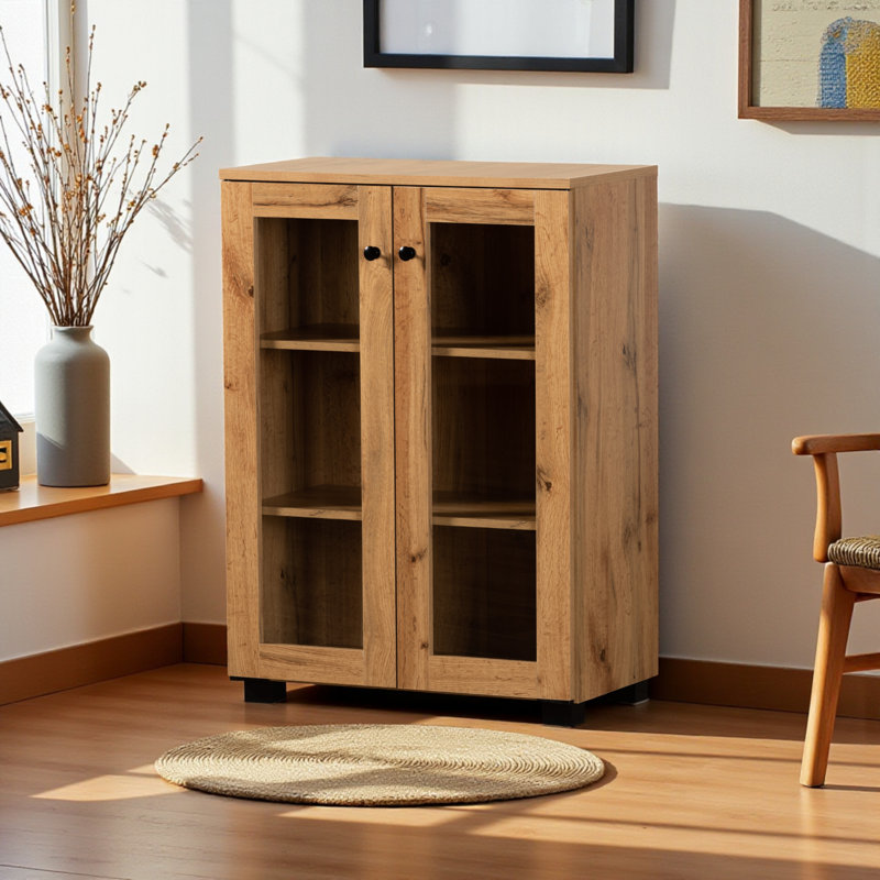 Armoire d'appoint avec portes en verre à finition chêne Gunwald, H 32,85 po x l 23,45 po x P 12,45 po