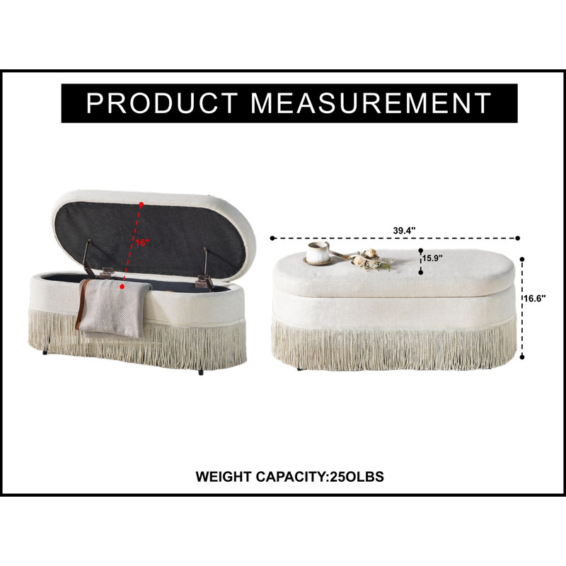 Banc ovale rembourré avec rangement rabattable et pieds robustes, Beige