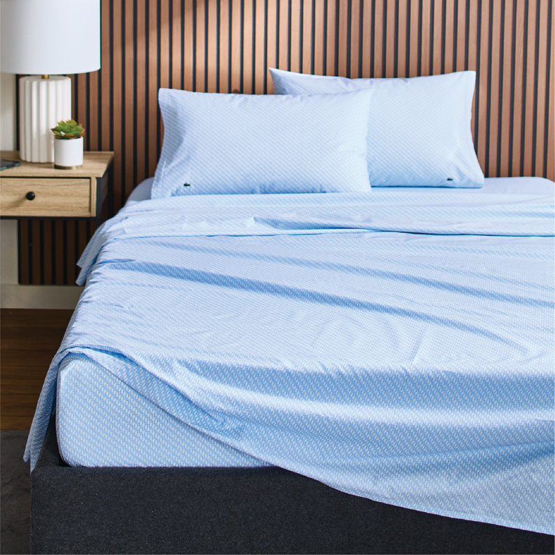 Lacoste Cotton Percale Print Sheet Set, Cooling & Breathable Bedding, Deep Pocket Fitted Sheet, Mini Geo Blue, Queen