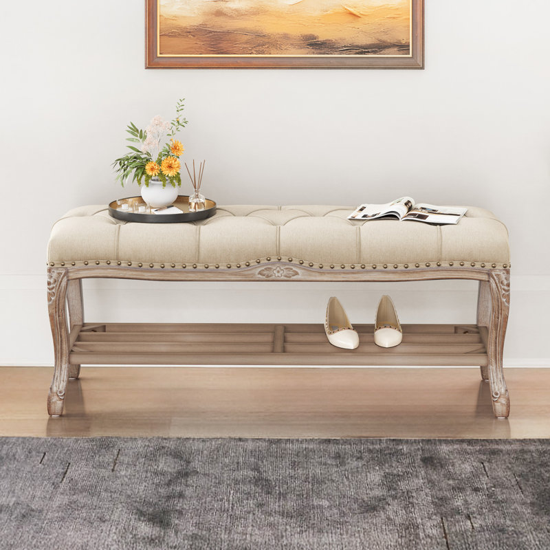 Giulio 44.5"W French Country Tufted Upholstered Storage Bench, Linen