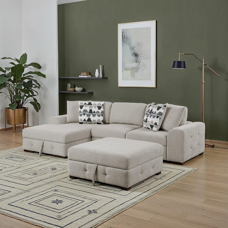 Odesser 115" W 3-Piece Chenille Sleeper Sectional, Left Hand Facing, Taupe Chenille