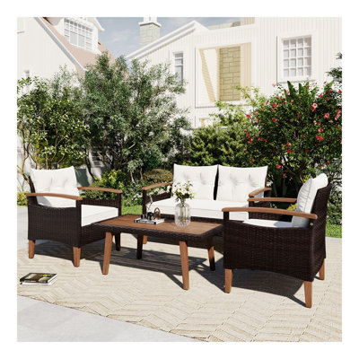 GO 4-Piece Garden Furniture, Patio Seating Set, PE Rattan Outdoor Sofa Set, Wood Table and Legs, Brown