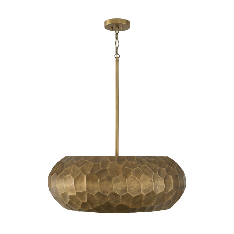 26" W x 9.75" H 4-Light Faceted Drum Pendant in Burnished Patinaed Brass with Handcrafted Sandcast Distressed Texture