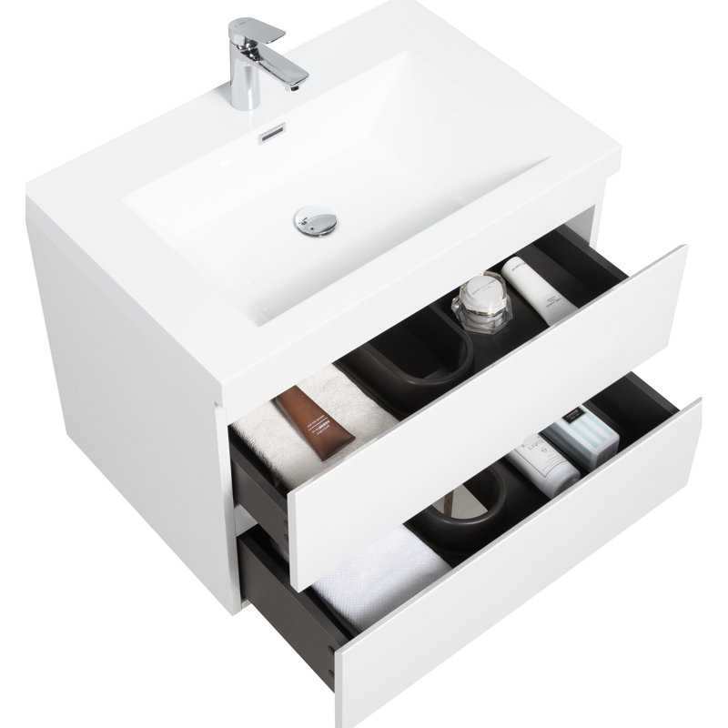 Meuble-lavabo de 76 cm (30 po), lavabo en résine et tiroirs à fermeture amortie. Blanc brillant 24v11-30gw. Meuble suspendu avec lavabo intégré, gain de place. Meuble moderne. Accessoire de luxe