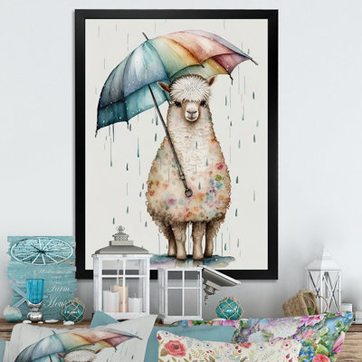 Mignon Liama avec parapluie, jour de pluie - lama animaux, impression sur toile