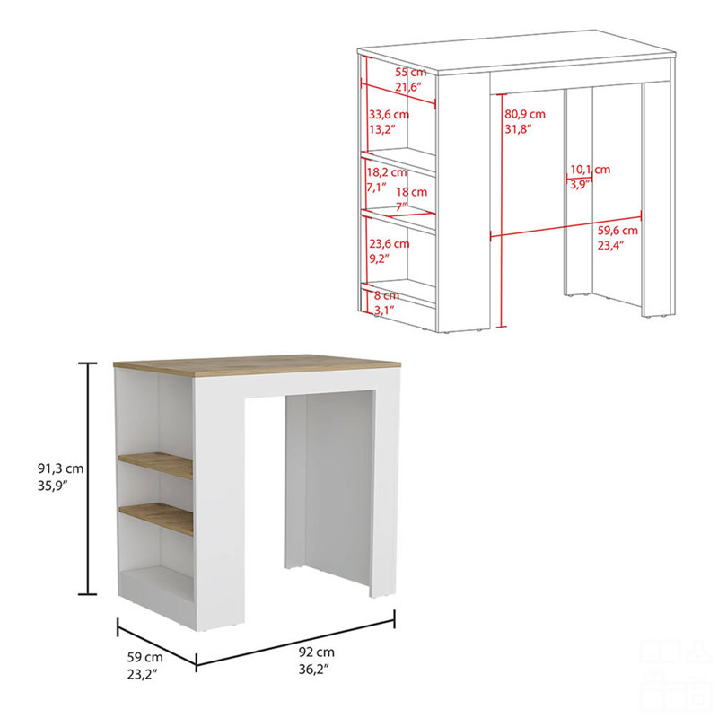 Îlot de cuisine avec 3 tablettes latérales, Blanc / bois naturel