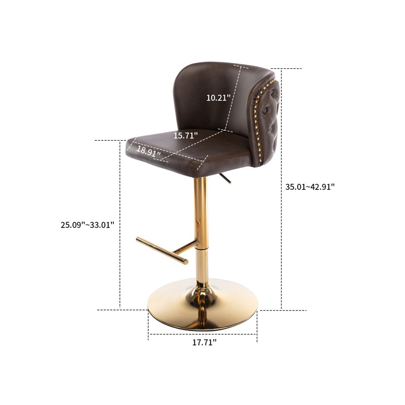 Marlone Swivel Adjustable Height Bar Stool, 2 Pcs, Gold, Brown