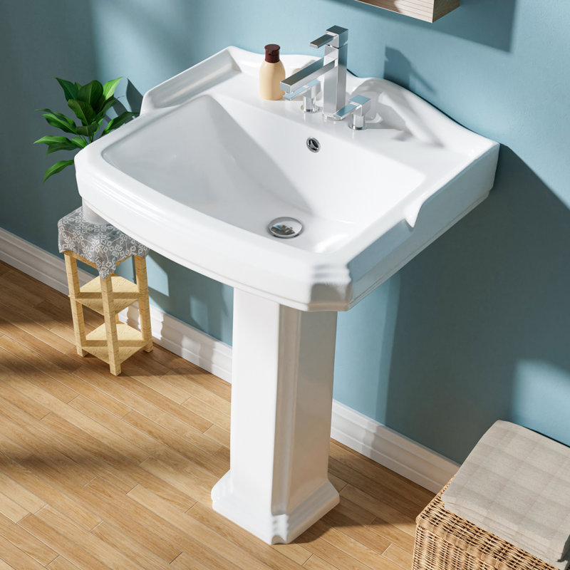 23" W x 19" D Pedestal Sink Combo Vitreous China with Backsplash, 3 Faucet Holes & Overflow, White, Glossy White