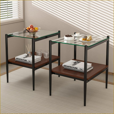 Set of 2 Gray Tempered Glass Coffee Tables, Easy-Clean Surface &amp; Space-Saving MDF Shelf, 19.1"L x15.35"W x21.14"H