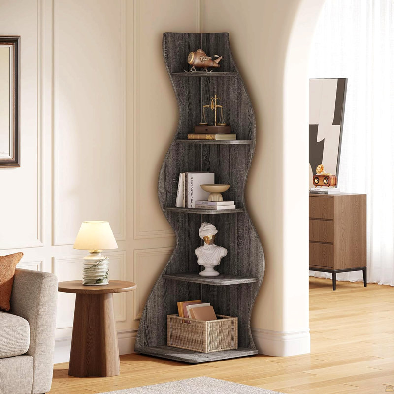 69.8"Height 5-Tier Wavy  Corner Bookshelf And Plant Stand For Living Room Small Space, Gray