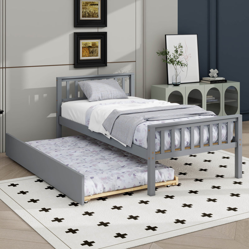 Structure de lit plateforme robuste avec lit gigogne extensible, Gris