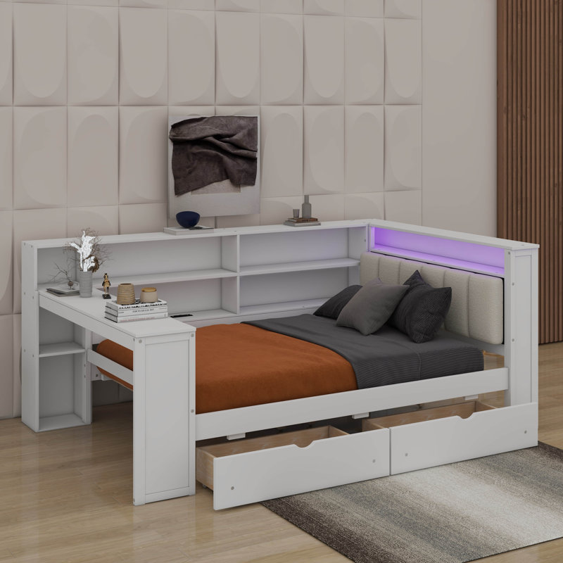 Lit plateforme en bois pleine grandeur avec tablettes, tiroirs, station de charge, DEL, bureau et tête de lit tapissier