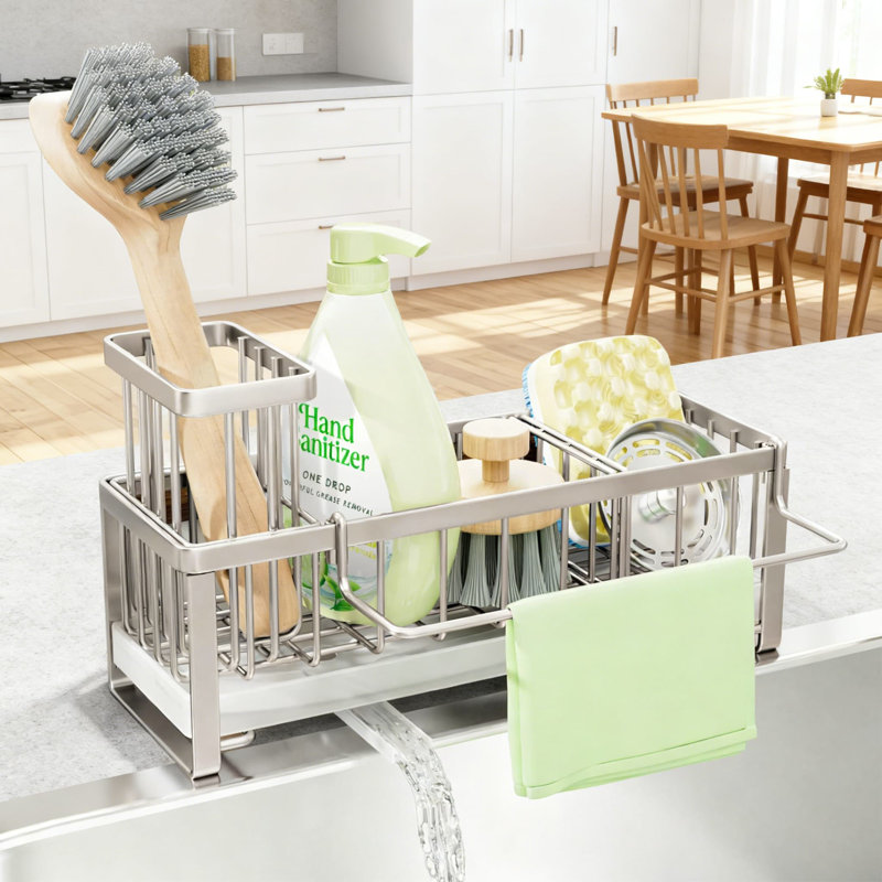 Organisateur de chariot d'évier de cuisine - Porte-éponge en acier inoxydable avec drain et porte-brosse