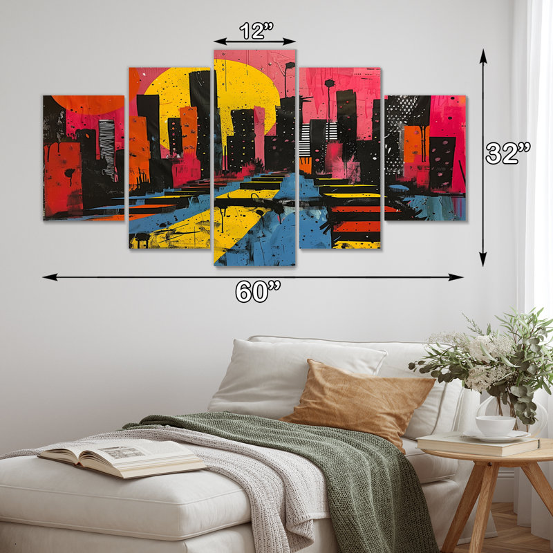 Ensemble de salon art mural orange et rose Pop Art II - gratte-ciel