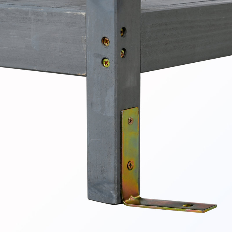 Banc d'extérieur en bois avec 2 tiroirs et tablettes ouvertes
