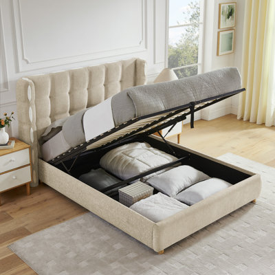 Modern Wingback Upholstered Waffle Bed, Deluxe Gas Lift Platform Bed with Large Under Bed Storage