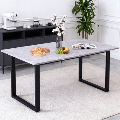 1.5m 6-Seater Scandinavian Grey Marble Look Dining Table – Warm & Cool Options, Angular U-Shape Metal Legs