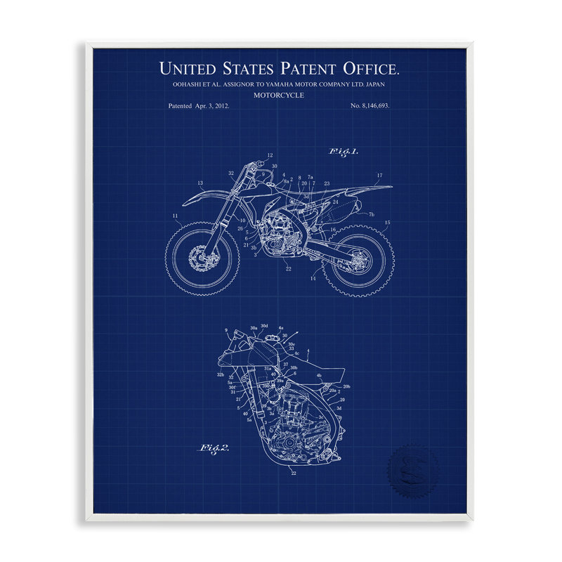 Motif de motos bleues, estampe numérique par Karl Hronek, Estampe numérique encadrée blanc bord de mer, H 14 po x l 11 po