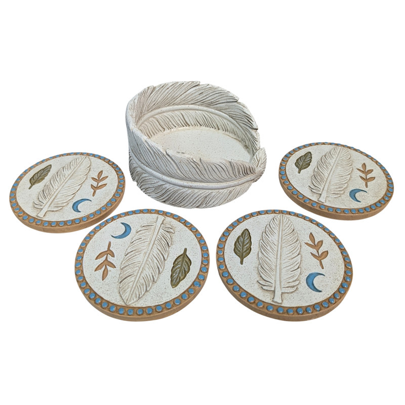 Sage Brush Boho Feather Moon Coaster Set