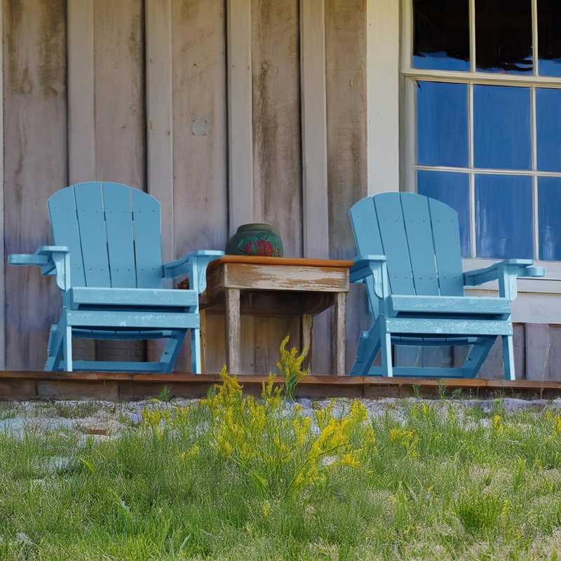 Outdoor Folding Adirondack Chair HIPS Oversized Plastic Adirondack Chair All Weather Patio Chair with Cup Holder Fire Pit Chair, Blue