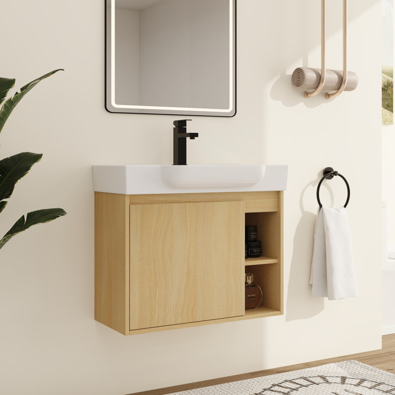 Meuble-lavabo simple Marnar 28 po avec comptoir en céramique, meuble-lavabo mural avec lavabo en céramique, Marron clair, 28"