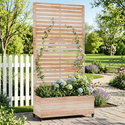 Pot de jardin surélevé en métal avec poteau surélevé avec drainage et roues verrouillables, idéal pour les plantes grimpantes, les légumes et les roses - Motif de persiennes