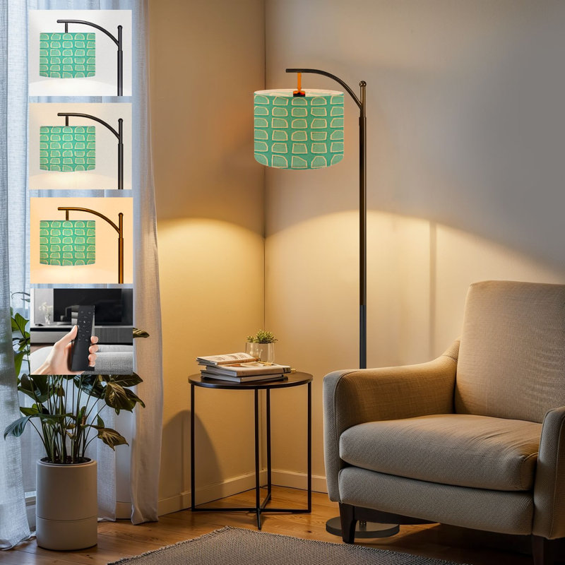  Arc Floor Lamp Abstract Hand Drawn White Square Teal Minimal Geometric Design Tall Modern Standing Lamp LED Adjustable Linen Lampshade 3 Color Temperatures