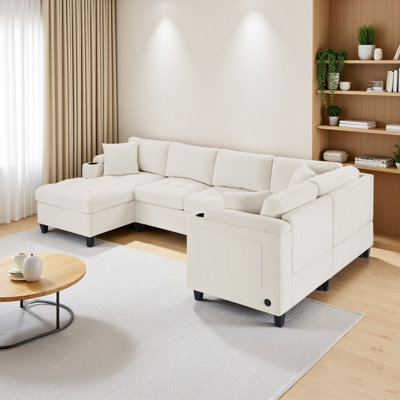 Modern U-Shaped Sectional Sofa 115.7" Corner Sectional Living Room Couch Oversized Sectional With With Built-In Cup Holders, Storage Space And USB Ports For Living Room
