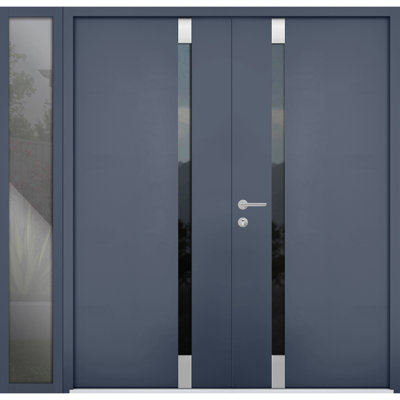 Porte d'entrée extérieure double prémontée en aluminium Cynex 6777 Gris, 2 impostes latérales, verre clair miroir, style moderne, peinte, 96 x 80 po (L 12 + 72 + 12 po x H 80 po), ouverture à gauche vers l'intérieur