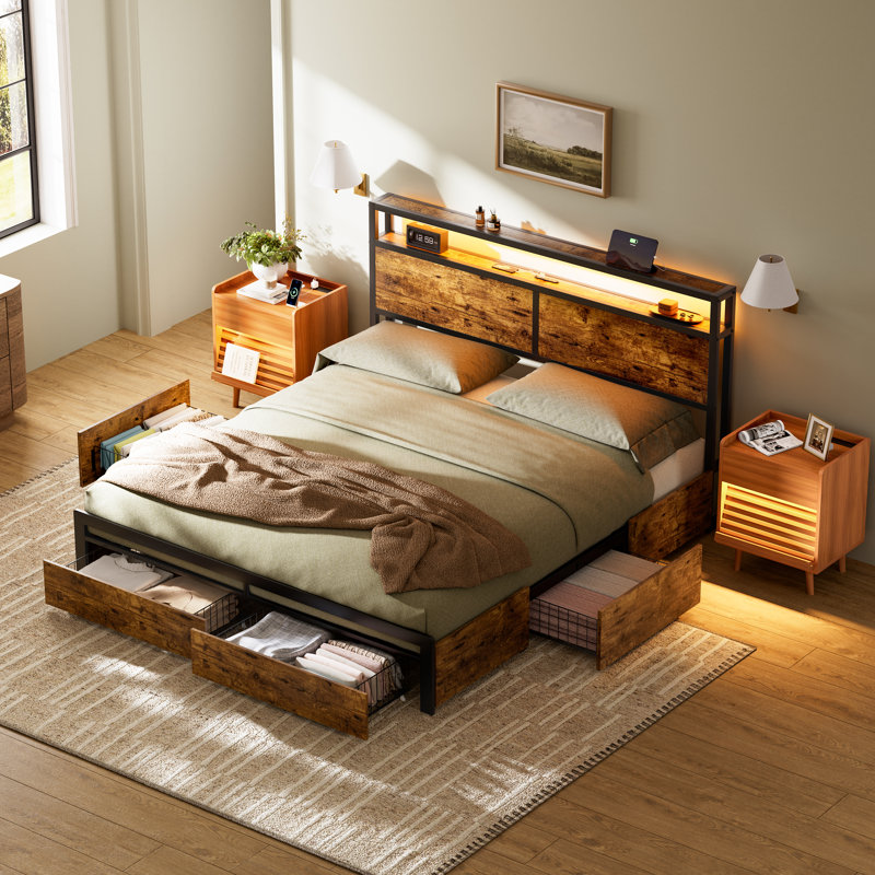 Ensemble de chambre à coucher 3 pièces, lit plateforme avec 4 tiroirs de rangement et charge USB, 2 tables de chevet avec lumières DEL