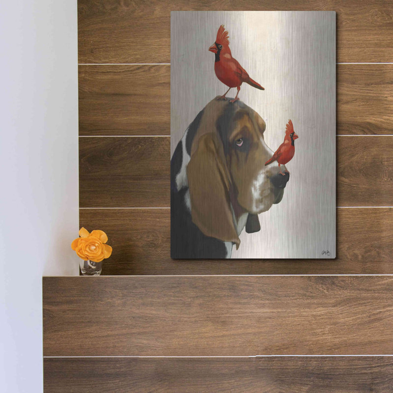 Basset hound and Birds par Fab Funky - reproduction d'art sur métal sans cadre, H 16 po x l 12 po x P 0,13 po