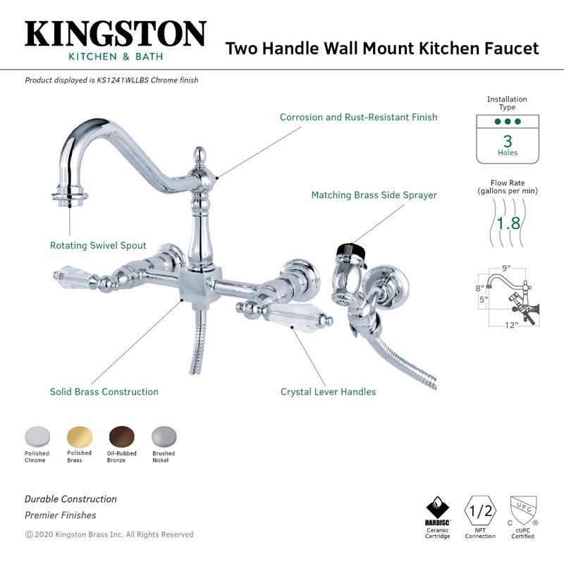 Kingston Brass Wilshire Double-Handle 3-Hole Wall-Mount Bridge Kitchen Faucet with Brass Sprayer, Polished Brass