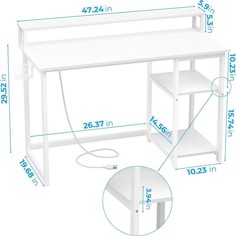 Computer Desk With USB Charging Port And Power Outlet,Reversible Small Desk With Monitor Stand And Storage Shelves For Home Office, Work Desk With Cup Holder Hook