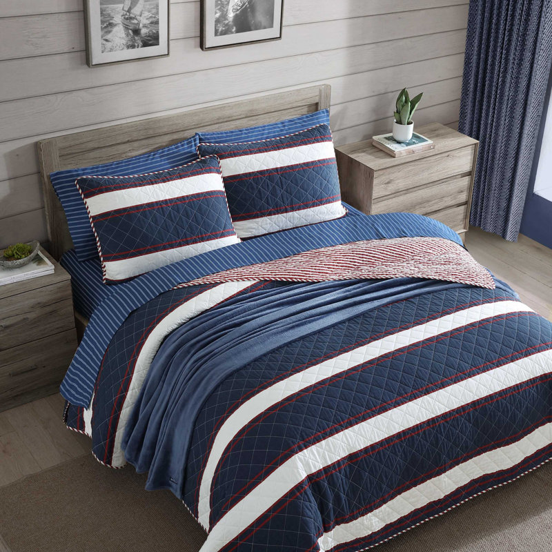 Ensemble de courtepointe réversible en coton bleu Nautica Wesley, Courtepointe très grand et 2 très grandes taies 