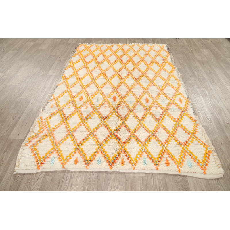 Tapis décoratif en laine noué à la main de conception unique 4 pi 10 po x 7 pi 1 po Ivoire/jaune