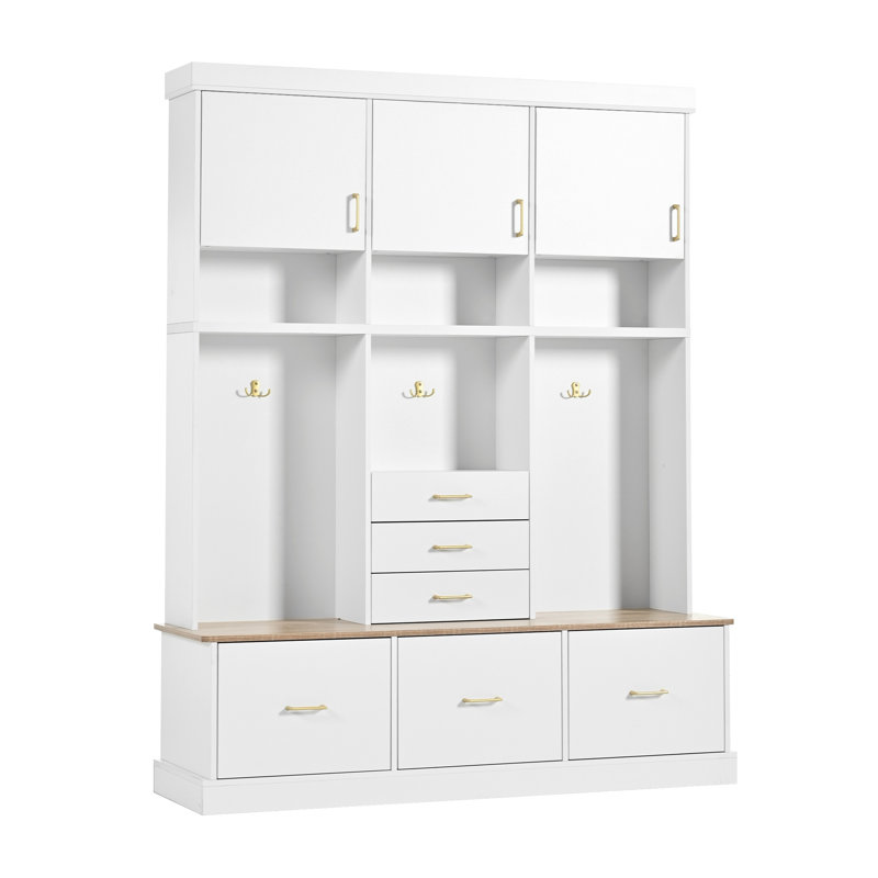 White 75-Inch Entryway Hall Tree with Bench and 5-Hook Storage Rack