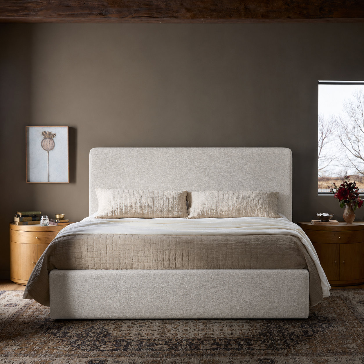 Mele Linen Upholstered Bed, Ivory Boucle, Queen