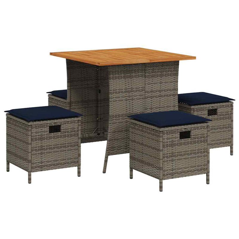 Ensemble repas de patio 5 pièces avec coussins en rotin de polyester, Gris, Marine