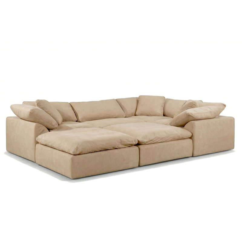 Caitlynne Cloud-Inspired 132" 6 Piece Oversized Deep Lounge Slipcovered Modular Corner Pit Sectional with 2 Ottomans | Performance Fabric Washable Water-Resistant Stain-Proof | Deep-Seating Down-Filled Couch | Plush Cushions, Modern Design