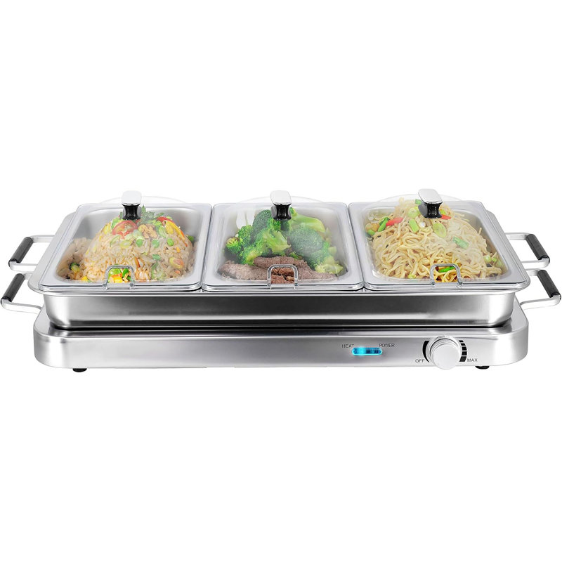 Buffet électrique 3 en 1 avec plateau chauffant Megachef, réchaud en acier inoxydable avec trois plateaux de 2,63 pte et une plaque de cuisson de 8,6 pte