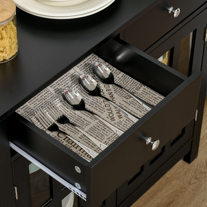 Buffet buffet, armoire de cuisine décorative avec portes en verre, tablette réglable et 2 tiroirs pour la cuisine, noir